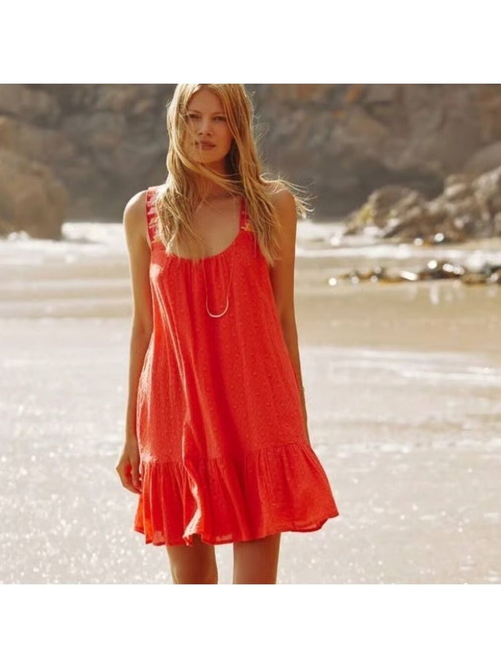 Anthropologie Embroidered Textured Tunic Dress Size XS Coral Boho Coastal EUC